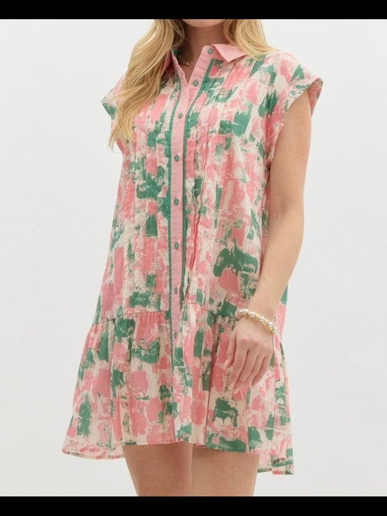 entro Dresses & Skirts - Entro Pink Green Abstract Print Pintuck Button Front Mini Dress M Boho Preppy